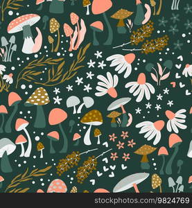 Mushroom and flower seamless pattern with beautiful florals, leaves and buds. Beautiful woodland garden in nature. Colorful vector illustration. 