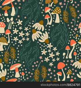 Mushroom and flower seamless pattern with beautiful florals, leaves and buds. Beautiful woodland garden in nature. Colorful vector illustration. 