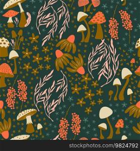 Mushroom and flower seamless pattern with beautiful florals, leaves and buds. Beautiful woodland garden in nature. Colorful vector illustration. 