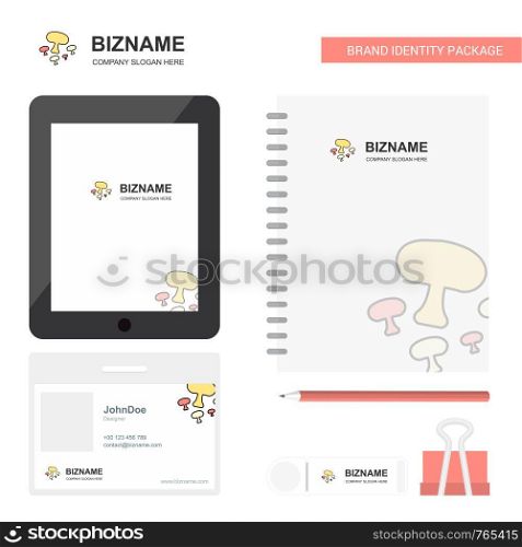 Mushroom Business Logo, Tab App, Diary PVC Employee Card and USB Brand Stationary Package Design Vector Template