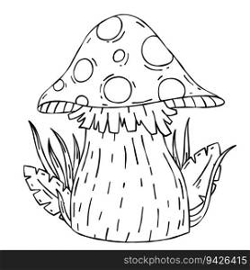 Mushroom, children drawing. Picture for coloring book. Forest nature and food. Outline black and white cartoon. Mushroom, children drawing.