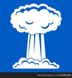 Mushroom cloud icon white isolated on blue background vector illustration. Mushroom cloud icon white