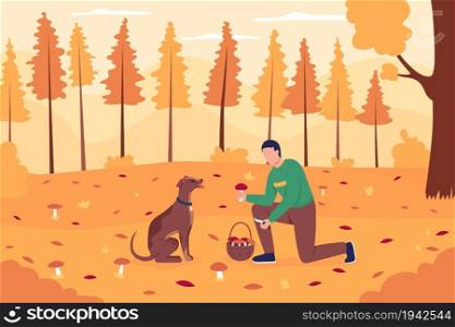 Mushroom collecting in fall flat color vector illustration. Harvest season. Man in woods. Recreational activity in autumn forest. Dating couple 2D cartoon characters with landscape on background. Mushroom collecting in fall flat color vector illustration