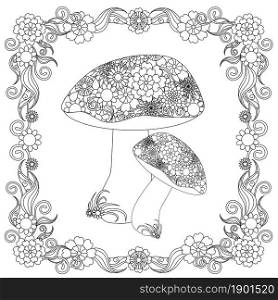 Mushroom doodle in floral frame art monochrome design stock vector illustration for web, for print
