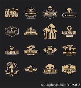 Mushroom forest logo icons set. Simple illustration of 16 mushroom forest logo vector icons for web. Mushroom forest logo icons set, simple style
