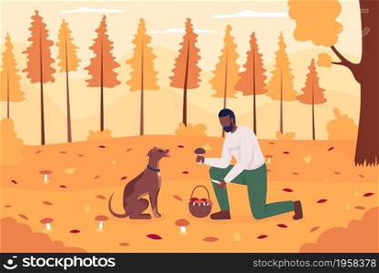 Mushroom gathering in fall flat color vector illustration. Man picking harvest in woods. Recreational activity in autumn forest. Dating couple 2D cartoon characters with landscape on background. Mushroom gathering in fall flat color vector illustration