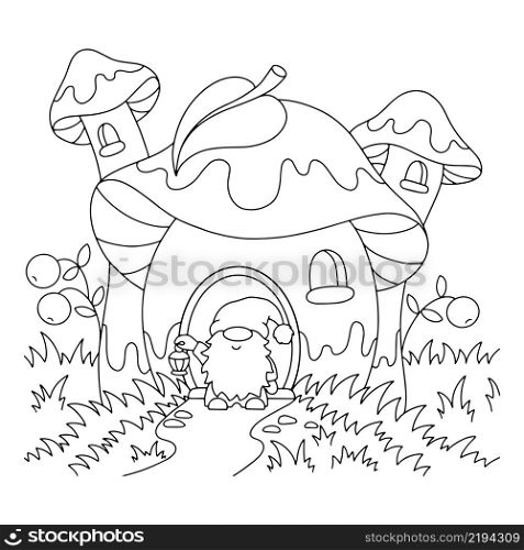 Mushroom house and garden gnome. Coloring book page for kids. Cartoon style character. Vector illustration isolated on white background.