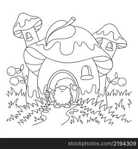Mushroom house and garden gnome. Coloring book page for kids. Cartoon style character. Vector illustration isolated on white background.