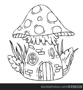 Mushroom house. Fairy tale children drawing. Fabulous natural dwelling. Cute cartoon illustration for coloring book. Mushroom house. Fairy tale children drawing