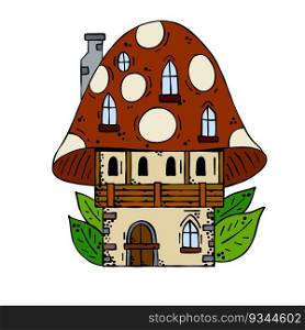 Mushroom house. Fairy tale children drawing. Fabulous natural dwelling. Cute cartoon illustration. Mushroom house. Fairy tale children drawing.