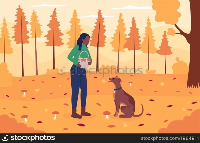 Mushroom hunting in fall flat color vector illustration. Girl with basket. Recreational activity in autumn forest. Woman with pet dog 2D cartoon characters with landscape on background. Mushroom hunting in fall flat color vector illustration