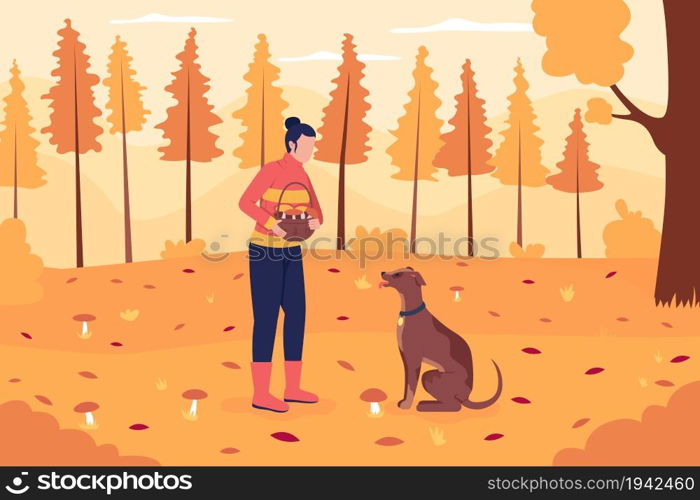 Mushroom picking in fall flat color vector illustration. Girl holding basket. Recreational activity in autumn forest. Woman with pet 2D cartoon characters with landscape on background. Mushroom picking in fall flat color vector illustration