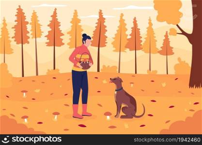Mushroom picking in fall flat color vector illustration. Girl holding basket. Recreational activity in autumn forest. Woman with pet 2D cartoon characters with landscape on background. Mushroom picking in fall flat color vector illustration