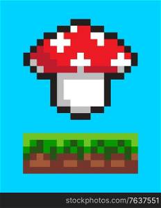 Mushroom pixel icon vector, isolated ground with grass and soil in layer. Veggie poisonous food, 8 bit graphics, retro style of vegetable red plant. Mushroom Icon on Ground Shelf Pixel Game Element