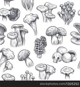 Mushroom seamless pattern. Sketch print with various mushrooms truffle and champignon, chanterelle and porcini, honey agaric and shiitake vector texture. Mushroom seamless pattern. Sketch various mushrooms truffle and champignon, chanterelle and porcini, honey agaric and shiitake vector texture