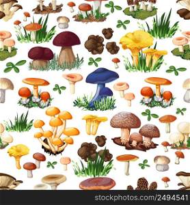 Mushroom seamless pattern with forest wild species so as suillus puffball russula chanterelle shiitake morel truffle honey fungus cartoon vector illustration. Mushroom Seamless Pattern