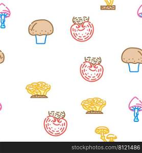 Mushroom Vegetable And Fungus Vector Seamless Pattern Color Line Illustration. Mushroom Vegetable And Fungus Icons Set Vector