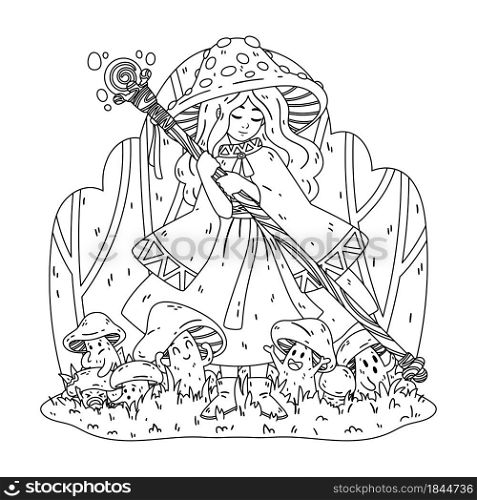 Mushroom witch, with a magic staff, a cape and a fly agaric hat. The enchantress grows boletus. Halloween drawing coloring page. Vector illustration isolated on white background.