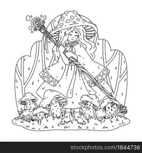 Mushroom witch, with a magic staff, a cape and a fly agaric hat. The enchantress grows boletus. Halloween drawing coloring page. Vector illustration isolated on white background.