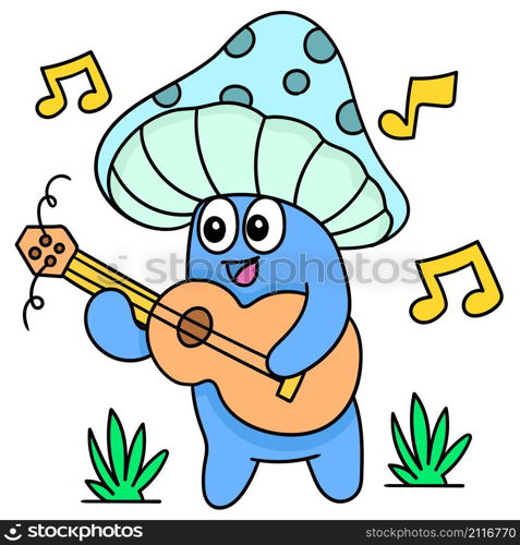 mushroom with a funny face smiling while singing a song wearing a guitar