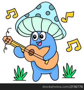 mushroom with a funny face smiling while singing a song wearing a guitar