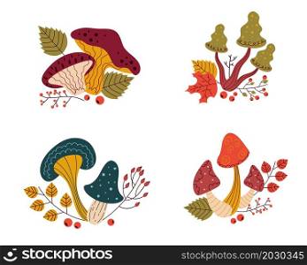 Mushrooms compositions. Cartoon forest funguses with twigs, berries and leaves. Organic diet vegetable products. Autumn harvest. Poisonous or edible plants. Vector isolated wild botanical elements set. Mushrooms compositions. Cartoon funguses with twigs, berries and leaves. Organic diet vegetable products. Autumn harvest. Poisonous or edible plants. Vector wild botanical elements set