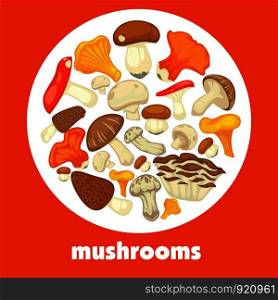 Mushrooms edible mushrooming poster. Vector flat champignon and boletus or forest chanterelle and lobster mushroom, exotic maitake or matsutake and shiitake, morels and russula or gourmet truffle. Mushrooms edible mushrooming poster. Vector flat champignon and boletus or forest chanterelle and lobster mushroom