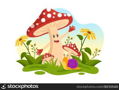 Mushrooms Illustration with Different Mushroom, Grass and Insects for Web Banner or Landing Page in Flat Cartoon Hand Drawn Templates