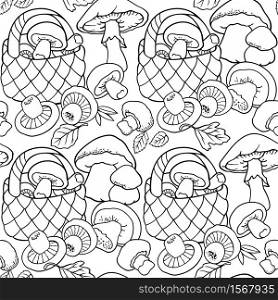 Mushrooms in baskets cartoon vector hand drawn abstract seamless pattern. Mushrooms in baskets cartoon seamless pattern