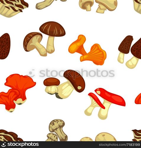 Mushrooms isolated flat seamless pattern. Vector edible champignon and boletus, chanterelle and lobster mushroom, maitake or matsutake and shiitake, morels and forest russula. Mushrooms isolated flat seamless pattern. Vector edible champignon and boletus