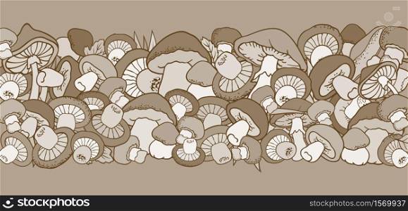 Mushrooms nature cartoon vector hand drawn monochrome border. Mushrooms nature cartoon vector hand drawn border