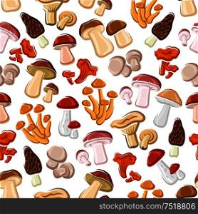 Mushrooms seamless pattern background. Champignon, lactarius, boletus, chanterelle morel graphic elements. Edible mushrooms seamless pattern background