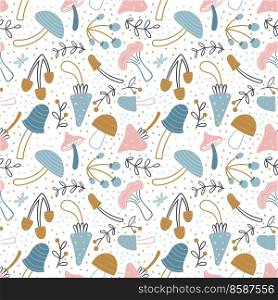 Mushrooms seamless pattern. Cute mushrooms in doodle style on a white background. Pastel palette. Autumn design for fabric, textile, etc. Vector illustration. Mushrooms seamless pattern. Cute mushrooms in doodle style on a white background. Pastel palette. Autumn design for fabric, textile, etc.