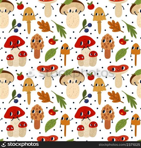 Mushrooms seamless pattern. Funny cartoon characters with eyes and hands, cute forest plants, kids wallpaper and print, autumn botanical elements white background. Decor textile, vector wrapping paper. Mushrooms seamless pattern. Funny cartoon characters with eyes and hands, cute forest plants, kids wallpaper and print, autumn botanical elements white background. Vector wrapping paper