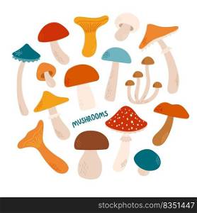 Mushrooms set different colors and sizes flat design vector illustration