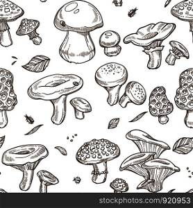 Mushrooms sketch seamless pattern. Vector edible champignon, chanterelle or morels and porcini cep mushroom, boletus and forest russula or puffball, poisonous amanita and lactarius or shiitake. Mushrooms sketch seamless pattern. Vector edible illustration
