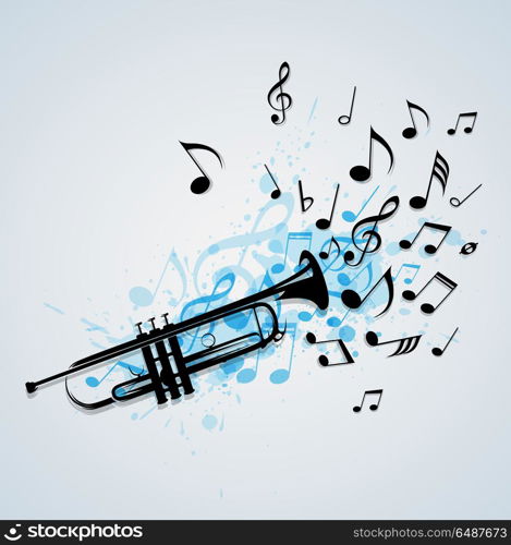 Music abstract background with black trumpet, notes and blue blots. Vector illustration.. Music abstract background with trumpet