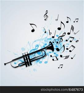 Music abstract background with black trumpet, notes and blue blots. Vector illustration.. Music abstract background with trumpet