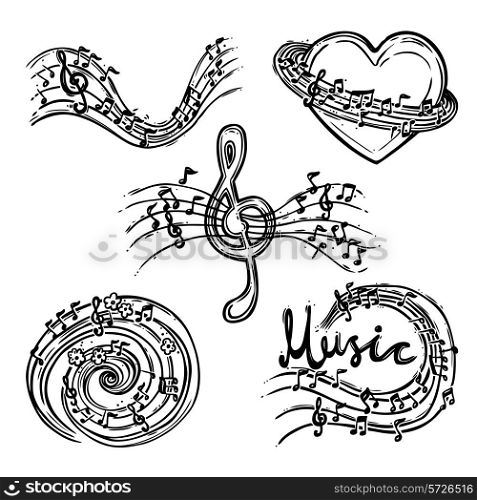 Music abstract decorative sketch icons set with treble clef and notes isolated vector illustration