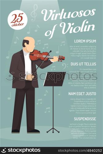 Music Advertising Poster. Music advertising poster with virtuoso of violin image and information about concert date flat vector illustration