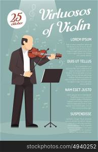 Music Advertising Poster. Music advertising poster with virtuoso of violin image and information about concert date flat vector illustration