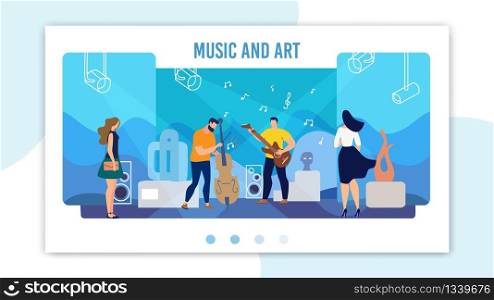 Music and Art Event, Festival or Exhibition Promo Banner, Poster Template. Musicians Playing on Musical Instruments, Woman Visiting Modern Art Museum Sculptures Hall Trendy Flat Vector Illustration