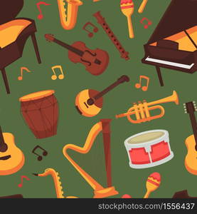 Music and art musical instruments seamless pattern classic or jazz vector piano and violin flute and saxophone trumpet, and maracas tom tom and domra harp and drum acoustic guitar endless texture. Musical instruments seamless pattern music and art classic or jazz