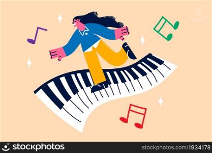 Music and arts entertainment concept. Young smiling female cartoon character walking thought piano keyboard with notes around vector illustration . Music and arts entertainment concept.