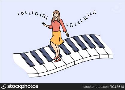 Music and playing piano concept. Young woman cartoon character pianist walking across huge piano keys with melody notes above vector illustration. Music and playing piano concept