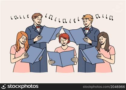 Music and singing in choir concept. Group of young positive people singers choir standing performing concert with notes in hand vector illustration . Music and singing in choir concept.