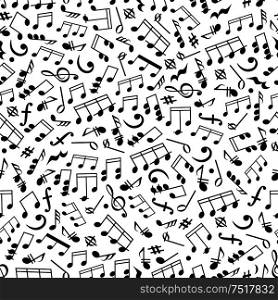 Music and sound background with black and white seamless pattern of beamed and half notes, quavers, chords and rests, treble and bass clefs, key signatures and dynamics. Music background with notes seamless pattern