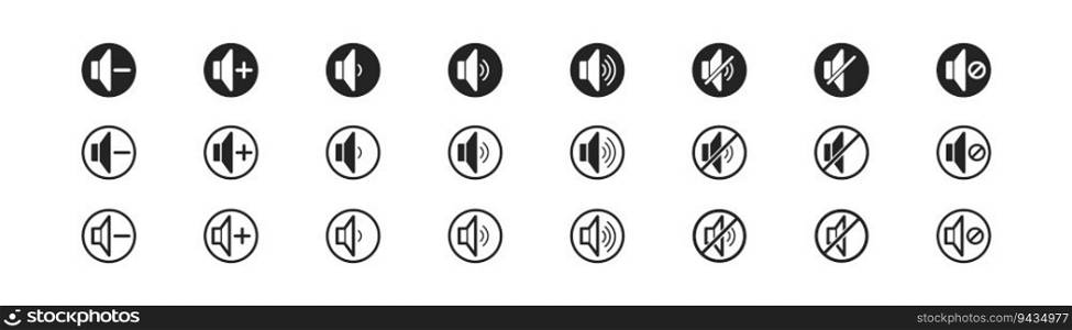 music and sound icon set, media player buttons, multimedia symbol, audio interface, speaker icon, silhouetes in circles, vector illustration