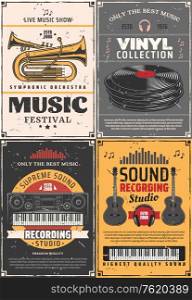 Music and sound recording studio, vinyl records shop and music festival vintage retro posters. Vector music band instruments, DJ headphones and jazz trumpet, synthesizer piano and electric guitars. Music and musical instruments, recording studio