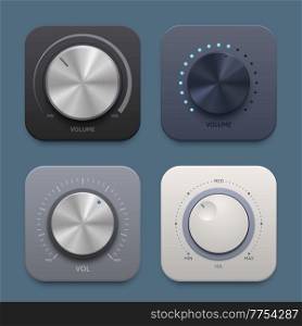Music and sound volume knob button icons. Metallic round tuner, audio stereo system vector 3d isolated knob button for mobile application, website ui graphic. Min or max sound level, audio player app. Music and sound volume knob button icons set
